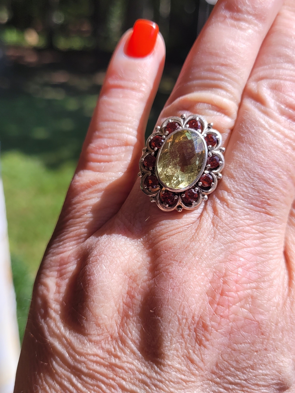 Nicky Butler Green Center Gemstone Ring with Red Accent Halo